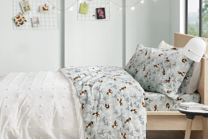 Cozy Soft Cotton Flannel Printed Sheet Set in Seafoam Foxes From Intelligent Design