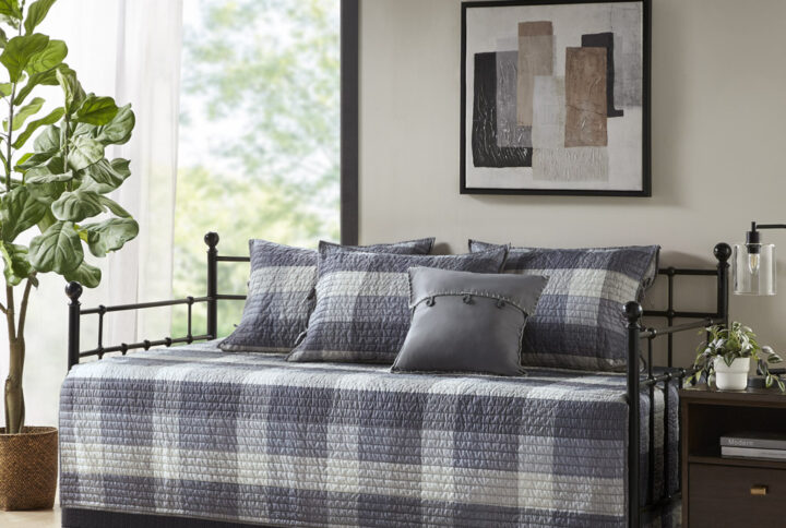 Ridge 6 Piece Reversible Plaid Daybed Cover Set in Grey From Madison Park