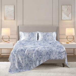 Printed Satin Sheet Set in Blue Marble From Madison Park Essentials