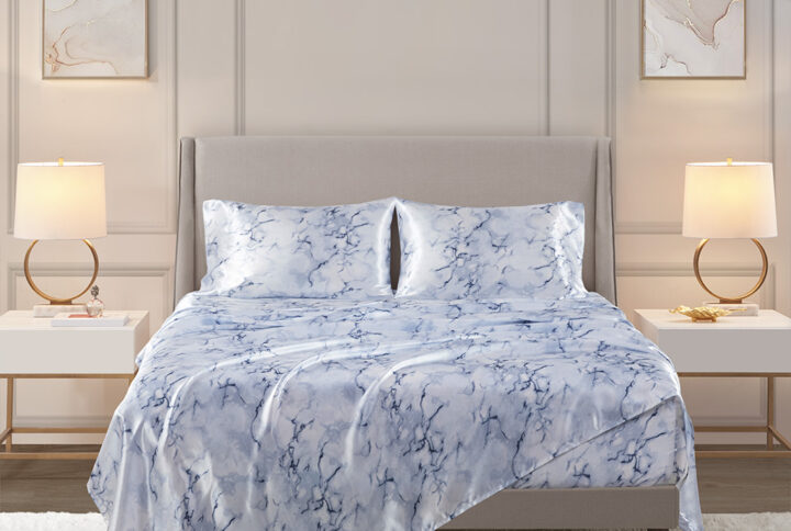 Printed Satin Sheet Set in Blue Marble From Madison Park Essentials