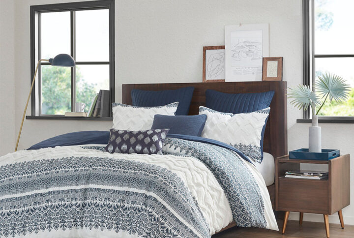 Mila 3 Piece Cotton Duvet Cover Set with Chenille Tufting in Navy From INK+IVY