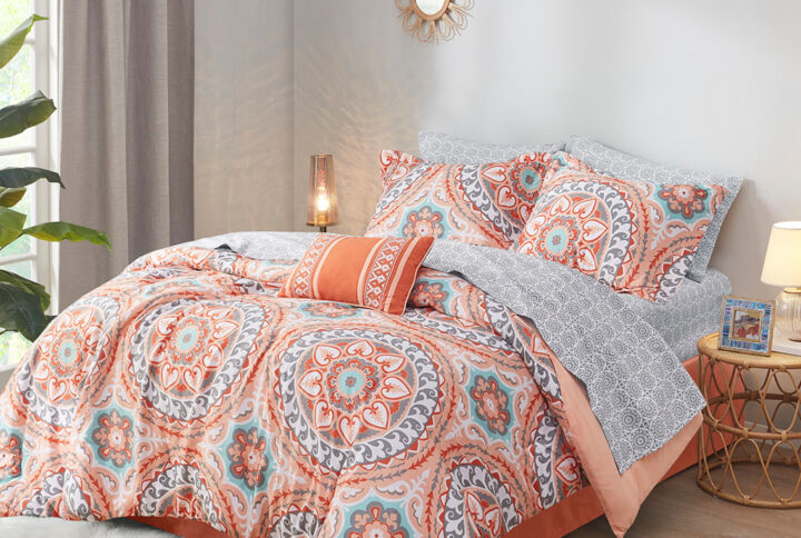 Serenity 9 Piece Comforter Set with Cotton Bed Sheets in Coral From Madison Park Essentials