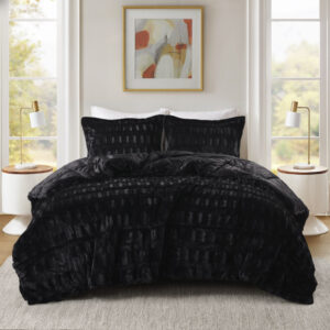 Gia Solid Faux Fur Comforter Mini Set in Black From Madison Park