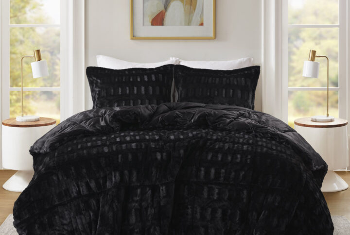 Gia Solid Faux Fur Comforter Mini Set in Black From Madison Park