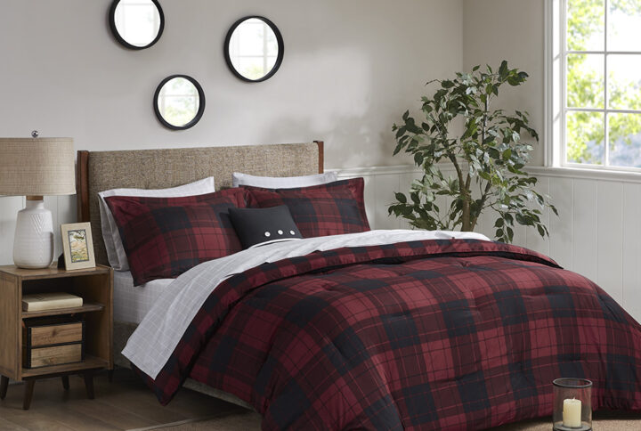 Everest 8 Piece Reversible Comforter Set with Bed Sheets in Red Plaid From Madison Park Essentials