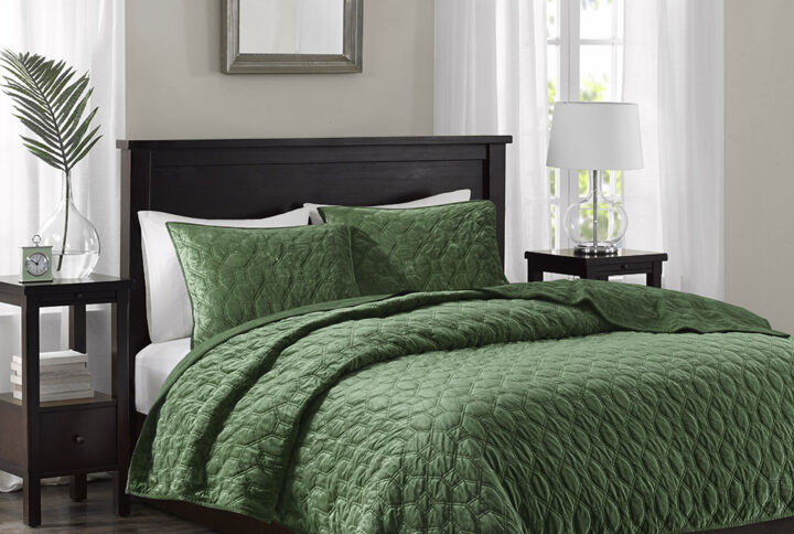 Harper 3 Piece Velvet Quilt Set in Green From Madison Park