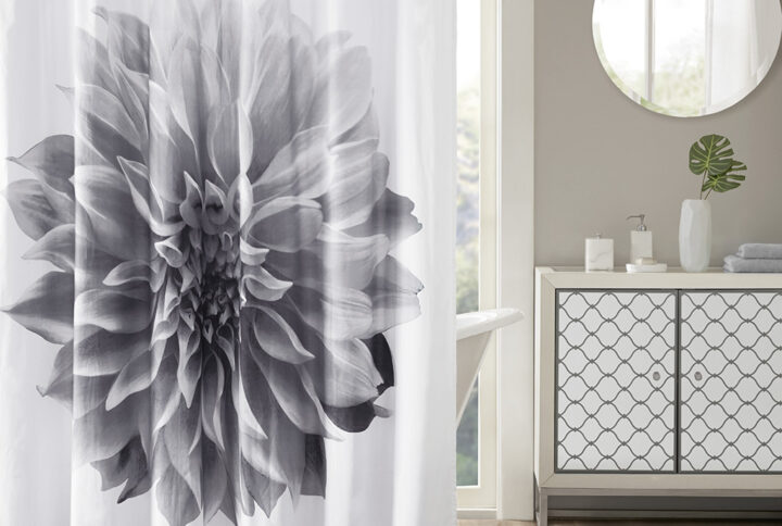 Norah Printed Floral Cotton Shower Curtain in Grey From Madison Park