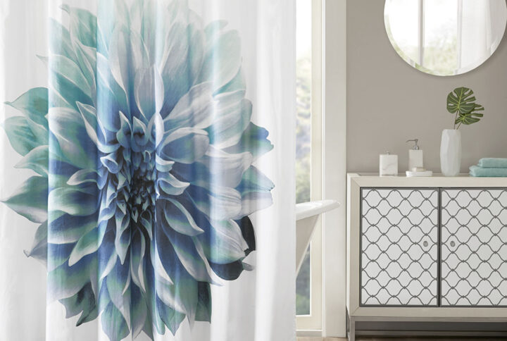 Norah Printed Floral Cotton Shower Curtain in Aqua From Madison Park