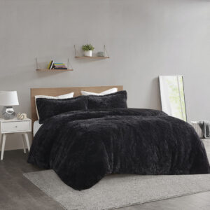 Malea Shaggy Fur Duvet Cover Set in Black From Intelligent Design