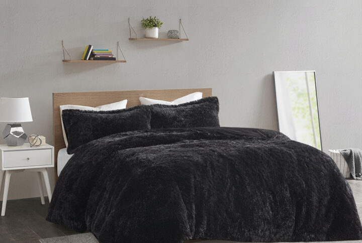 Malea Shaggy Fur Duvet Cover Set in Black From Intelligent Design