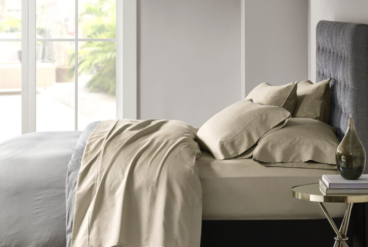 800 Thread Count Cotton Blend Sateen Sheet Set in Khaki From Madison Park