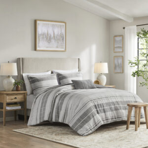 Rhodes 4 Piece Stripe Comforter Set with Throw Pillow in Grey/Multi From Madison Park