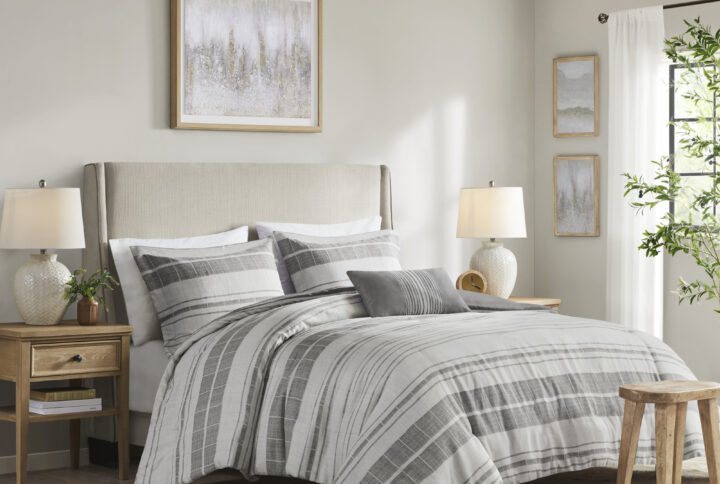 Rhodes 4 Piece Stripe Comforter Set with Throw Pillow in Grey/Multi From Madison Park