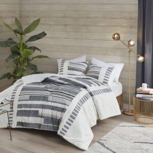 Serena 3 Piece Cotton Printed Duvet Cover Set w/ trims in Navy From INK+IVY