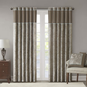 Aubrey Jacquard Curtain Panel Pair in Blue/Brown From Madison Park