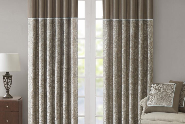 Aubrey Jacquard Curtain Panel Pair in Blue/Brown From Madison Park