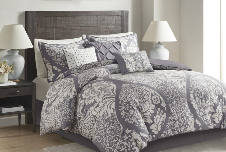 Vienna 7 Piece Cotton Printed Comforter Set in Grey From Madison Park