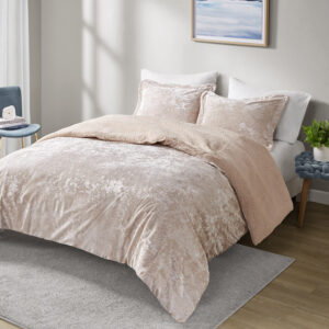 Mira Crushed Velvet Sherpa Reversible Comforter Set in Blush From Intelligent Design