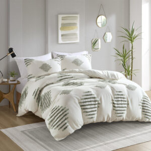 Tahli 3 Piece Cotton Blend Chenille Duvet Cover Set in Green/Ivory From INK+IVY