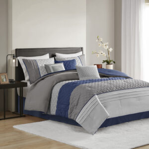 Greer 7 Piece Color Block Stripe Comforter Set with Throw Pillows in Blue From Madison Park