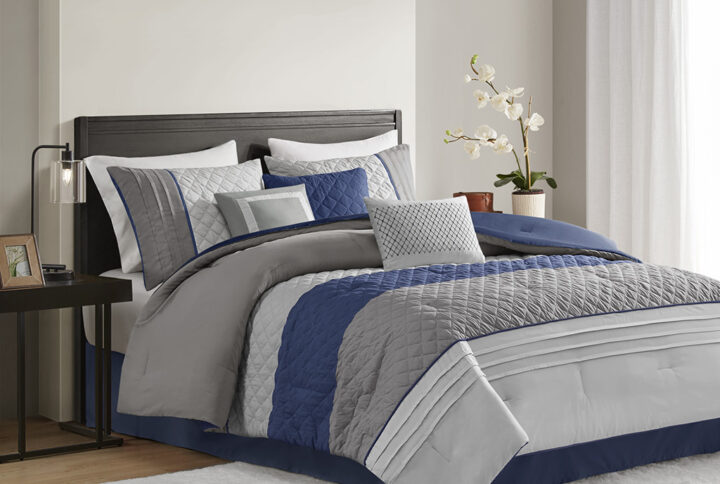 Greer 7 Piece Color Block Stripe Comforter Set with Throw Pillows in Blue From Madison Park