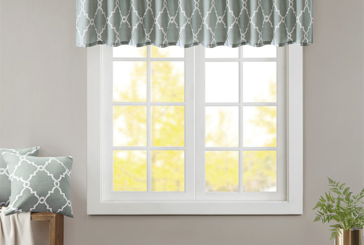 Saratoga Fretwork Print Grommet Top Window Valance in Seafoam/White From Madison Park