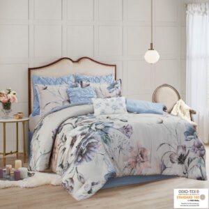 Cassandra 8 Piece Cotton Printed Comforter Set in Blue From Madison Park