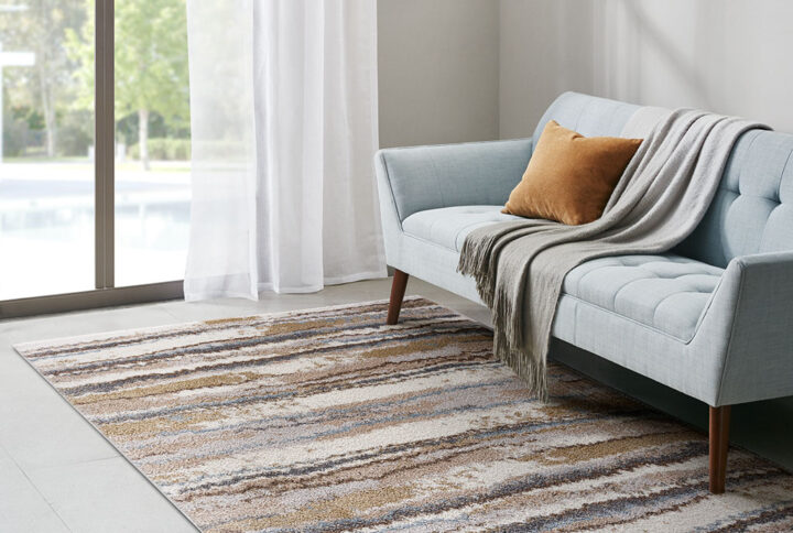 Riley Watercolor Abstract Stripe Woven Area Rug in Blue/Tan From Madison Park