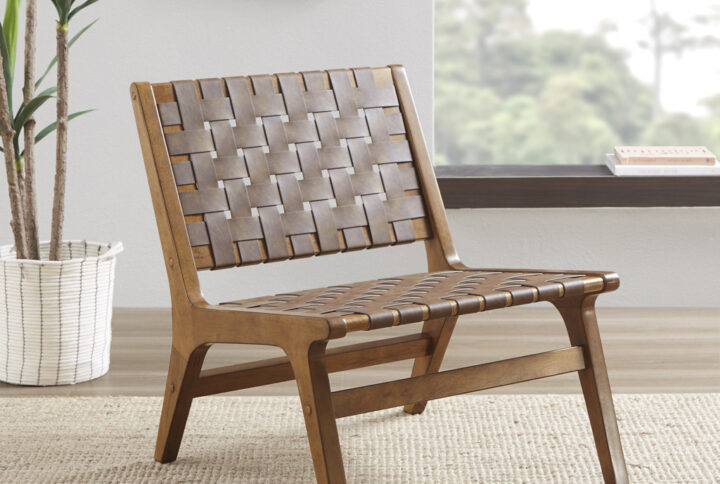 Oslo Faux Leather Woven Accent Chair in Brown From INK+IVY