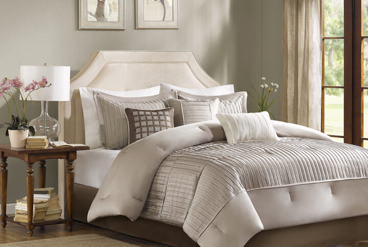 Trinity 7 Piece Polyester Charmeuse Comforter Set in Taupe From Madison Park