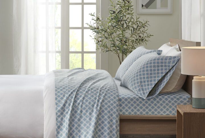 Cozy Flannel Printed Sheet Set in Blue Geo From True North by Sleep Philosophy