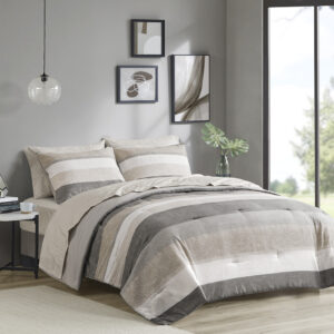 Jaxon Stripe Comforter Set with Bed Sheets in Taupe/Grey From Madison Park Essentials