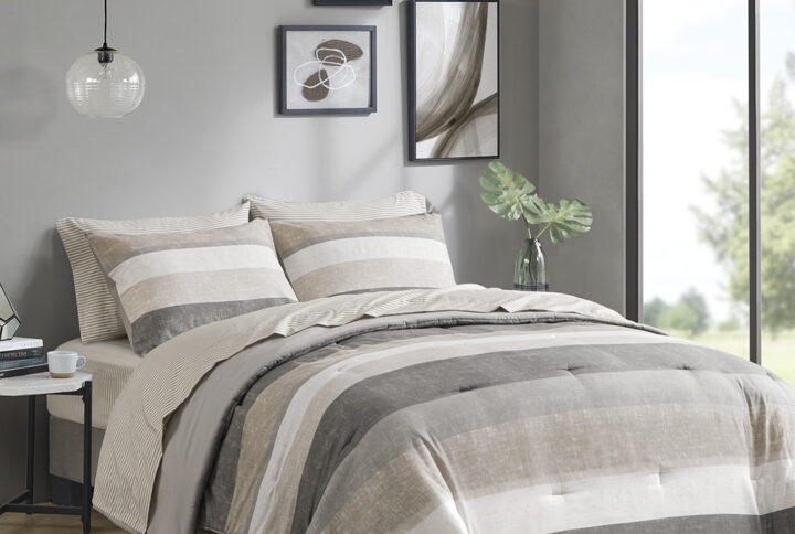 Jaxon Stripe Comforter Set with Bed Sheets in Taupe/Grey From Madison Park Essentials