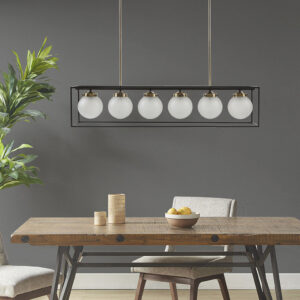 Helena 6-Light Frosted Glass Globe Linear Chandelier in Antique Brass/Black From INK+IVY