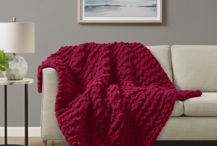 Chenille Chunky Knit Throw in Red From Madison Park