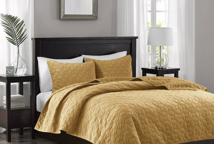 Harper 3 Piece Velvet Quilt Set in Mustard From Madison Park