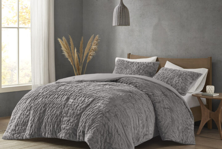 Blair Ruched Fur Down Alternative Comforter Set in Grey From Madison Park