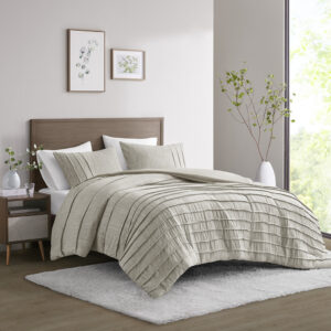 Maddox 3 Piece Striated Cationic Dyed Oversized Comforter Set With Pleats in Natural From Beautyrest