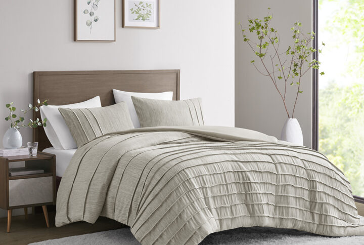 Maddox 3 Piece Striated Cationic Dyed Oversized Comforter Set With Pleats in Natural From Beautyrest