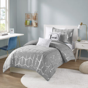 Raina Metallic Printed Duvet Cover Set in Grey/Silver From Intelligent Design