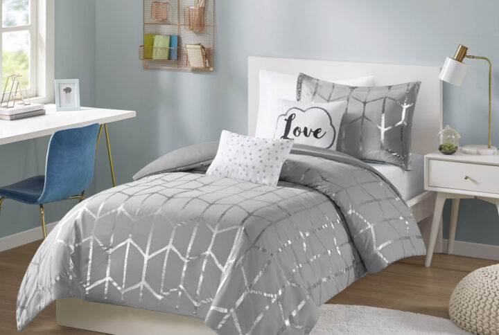 Raina Metallic Printed Duvet Cover Set in Grey/Silver From Intelligent Design