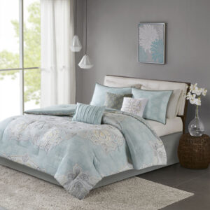 Lucinda 7 Piece Reversible Cotton Sateen Comforter Set in Seafoam From Madison Park