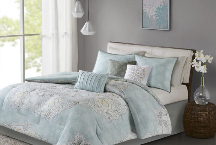 Lucinda 7 Piece Reversible Cotton Sateen Comforter Set in Seafoam From Madison Park