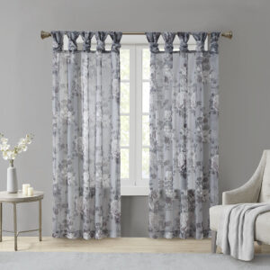 Simone Printed Floral Twist Tab Top Voile Sheer Curtain in Grey From Madison Park