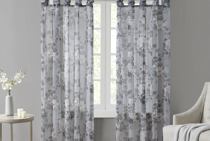 Simone Printed Floral Twist Tab Top Voile Sheer Curtain in Grey From Madison Park