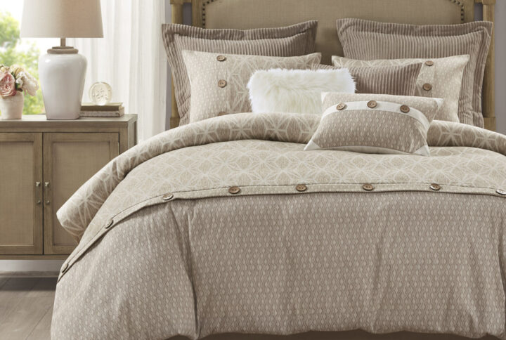 Grace 9 Piece Geometric Oversized Jacquard Comforter Set in Taupe From Madison Park Signature