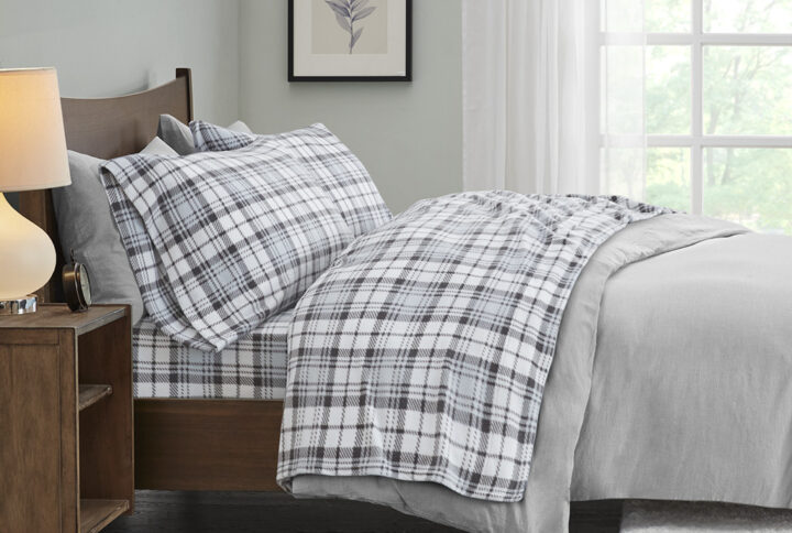 Micro Fleece Sheet Set in Grey Plaid From True North by Sleep Philosophy