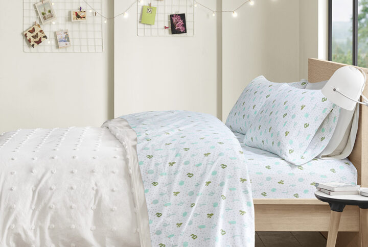 Cozy Soft Cotton Flannel Printed Sheet Set in Green Cactus From Intelligent Design