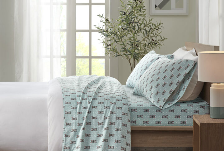 Cozy Flannel Printed Sheet Set in Aqua French Bulldog From True North by Sleep Philosophy