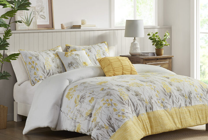 Prairie 5 Piece Seersucker Comforter Set with Throw Pillows in Yellow From Madison Park